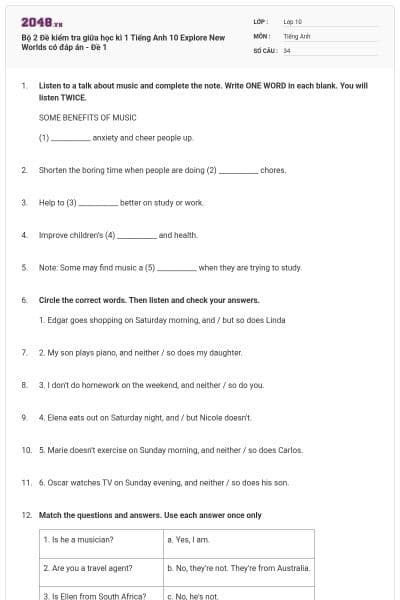 Bộ 2 Đề kiểm tra giữa học kì 1 Tiếng Anh 10 Explore New Worlds có đáp án - Đề 1