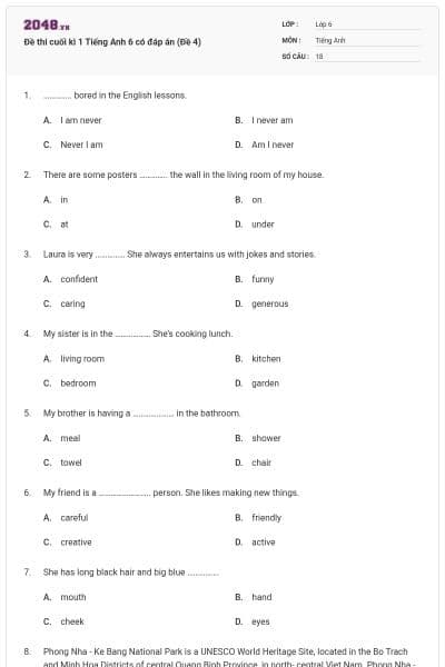Đề thi cuối kì 1 Tiếng Anh 6 có đáp án (Đề 4)