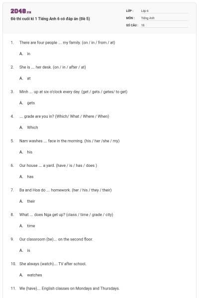 Đề thi cuối kì 1 Tiếng Anh 6 có đáp án (Đề 5)