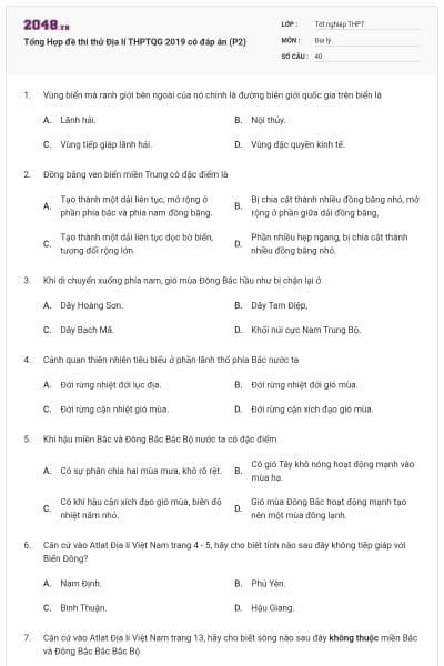 Tổng Hợp đề thi thử Địa lí THPTQG 2019 có đáp án (P2)