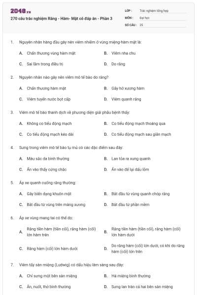 270 câu trắc nghiệm Răng - Hàm- Mặt có đáp án - Phần 3