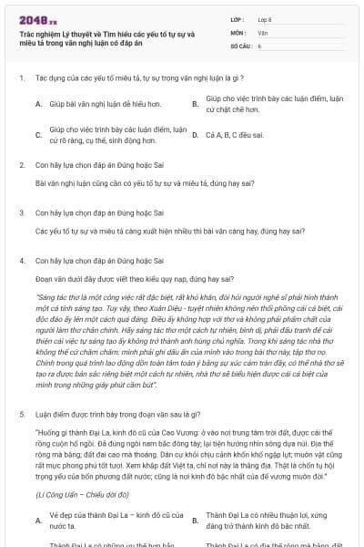 Trắc nghiệm Lý thuyết về Tìm hiểu các yếu tố tự sự và miêu tả trong văn nghị luận có đáp án