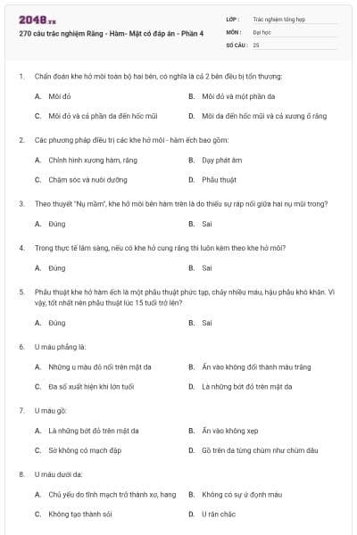 270 câu trắc nghiệm Răng - Hàm- Mặt có đáp án - Phần 4