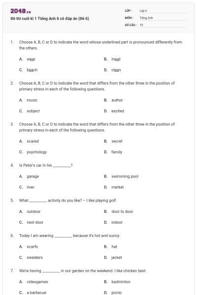 Đề thi cuối kì 1 Tiếng Anh 6 có đáp án (Đề 6)