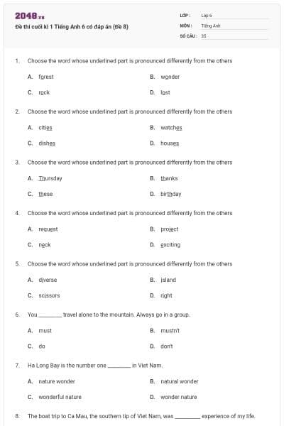 Đề thi cuối kì 1 Tiếng Anh 6 có đáp án (Đề 8)