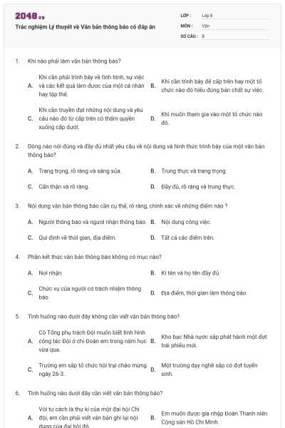 Trắc nghiệm Lý thuyết về Văn bản thông báo có đáp án