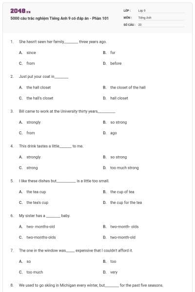 5000 câu trắc nghiệm Tiếng Anh 9 có đáp án - Phần 101