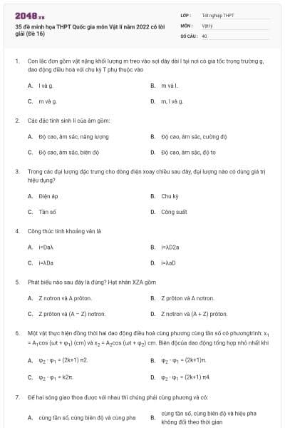 35 đề minh họa THPT Quốc gia môn Vật lí năm 2022 có lời giải (Đề 16)
