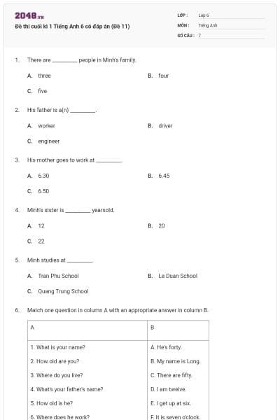 Đề thi cuối kì 1 Tiếng Anh 6 có đáp án (Đề 11)