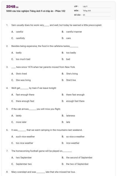 5000 câu trắc nghiệm Tiếng Anh 9 có đáp án - Phần 102