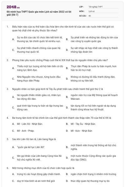 Đề minh họa THPT Quốc gia môn Lịch sử năm 2022 có lời giải (Đề 7)