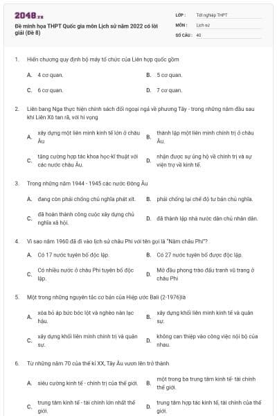 Đề minh họa THPT Quốc gia môn Lịch sử năm 2022 có lời giải (Đề 8)