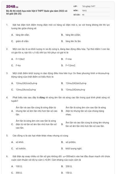Bộ đề thi minh họa môn Vật lí THPT Quốc gia năm 2022 có lời giải (Đề 25)