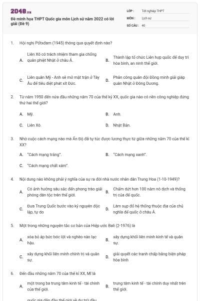 Đề minh họa THPT Quốc gia môn Lịch sử năm 2022 có lời giải (Đề 9)