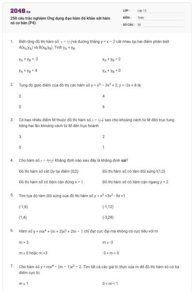 250 câu trắc nghiệm Ứng dụng đạo hàm để khảo sát hàm số cơ bản (P4)