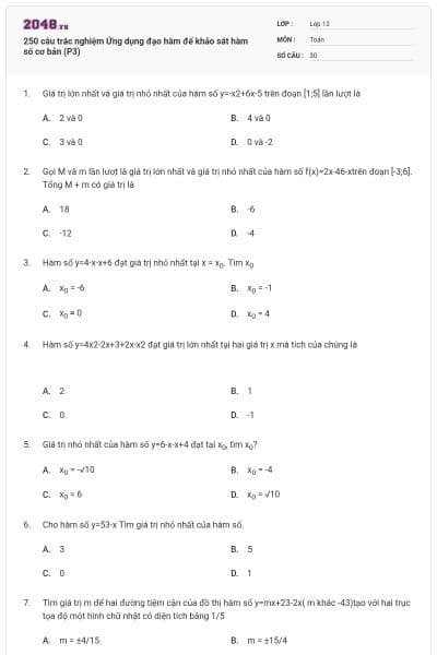 250 câu trắc nghiệm Ứng dụng đạo hàm để khảo sát hàm số cơ bản (P3)