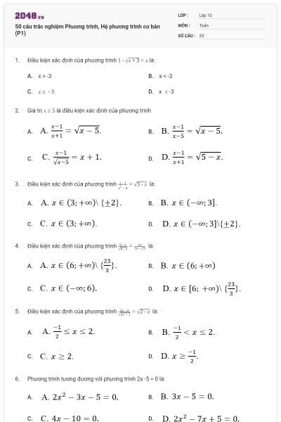 50 câu trắc nghiệm Phương trình, Hệ phương trình cơ bản (P1)