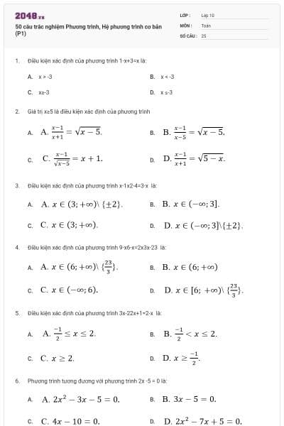 50 câu trắc nghiệm Phương trình, Hệ phương trình cơ bản (P1)