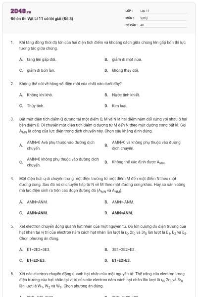 Đề ôn thi Vật Lí 11 có lời giải (Đề 3)