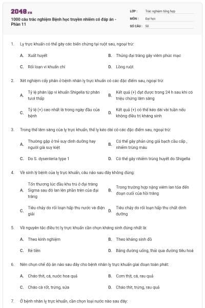 1000 câu trắc nghiệm Bệnh học truyền nhiễm có đáp án - Phần 11