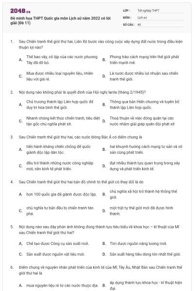Đề minh họa THPT Quốc gia môn Lịch sử năm 2022 có lời giải (Đề 11)