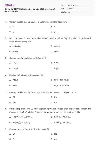 Đề thi thử THPT Quốc gia môn Hóa năm 2022 chọn lọc, có lời giải (Đề 18)