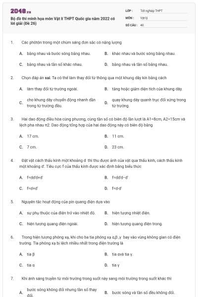 Bộ đề thi minh họa môn Vật lí THPT Quốc gia năm 2022 có lời giải (Đề 26)