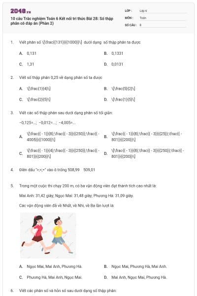 10 câu Trắc nghiệm Toán 6 Kết nối tri thức Bài 28: Số thập phân có đáp án (Phần 2)