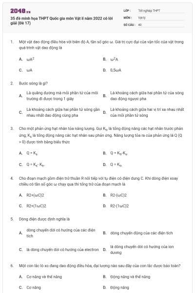 35 đề minh họa THPT Quốc gia môn Vật lí năm 2022 có lời giải (Đề 17)