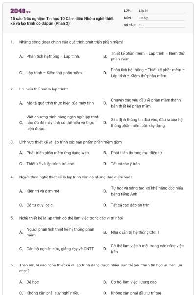 15 câu Trắc nghiệm Tin học 10 Cánh diều Nhóm nghề thiết kế và lập trình có đáp án (Phần 2)
