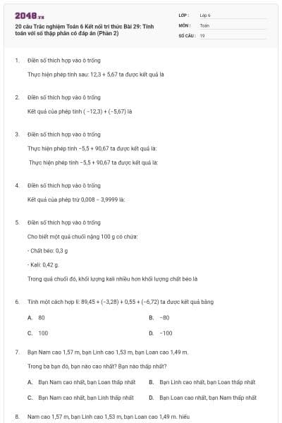 20 câu Trắc nghiệm Toán 6 Kết nối tri thức Bài 29: Tính toán với số thập phân có đáp án (Phần 2)