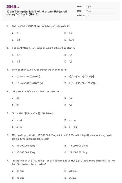 12 câu Trắc nghiệm Toán 6 Kết nối tri thức: Bài tập cuối chương 7 có đáp án (Phần 2)