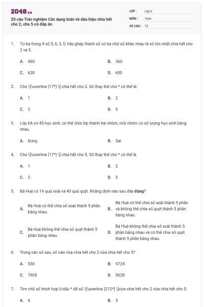 20 câu Trắc nghiệm Các dạng toán về dấu hiệu chia hết cho 2, cho 5 có đáp án