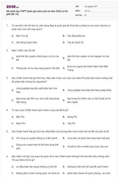 Đề minh họa THPT Quốc gia môn Lịch sử năm 2022 có lời giải (Đề 16)