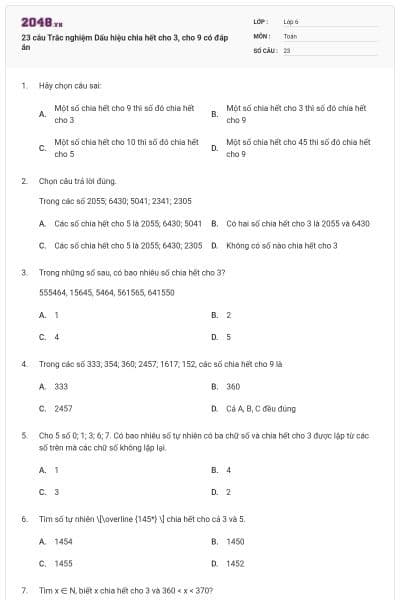 23 câu Trắc nghiệm Dấu hiệu chia hết cho 3, cho 9 có đáp án