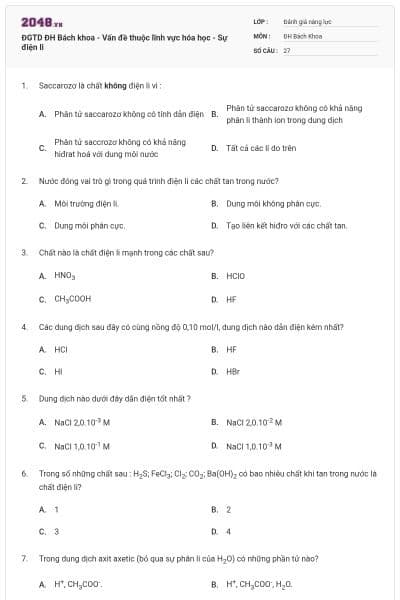 ĐGTD ĐH Bách khoa - Vấn đề thuộc lĩnh vực hóa học - Sự điện li