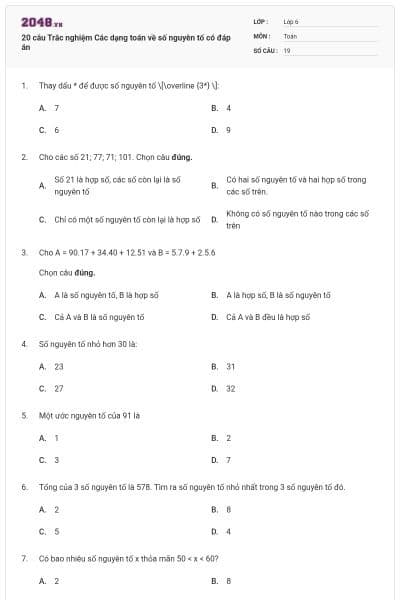 20 câu Trắc nghiệm Các dạng toán về số nguyên tố có đáp án