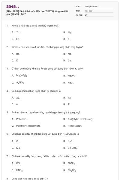 [Năm 2022] Đề thi thử môn Hóa học THPT Quốc gia có lời giải (20 đề) - Đề 2