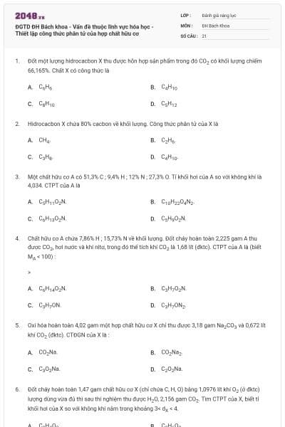 ĐGTD ĐH Bách khoa - Vấn đề thuộc lĩnh vực hóa học - Thiết lập công thức phân tử của hợp chất hữu cơ
