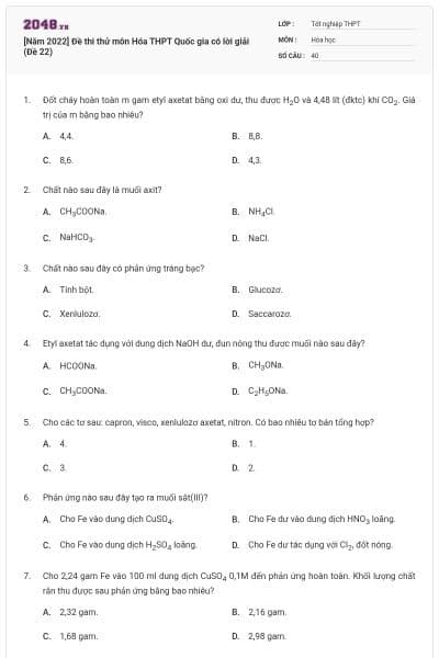 [Năm 2022] Đề thi thử môn Hóa THPT Quốc gia có lời giải (Đề 22)