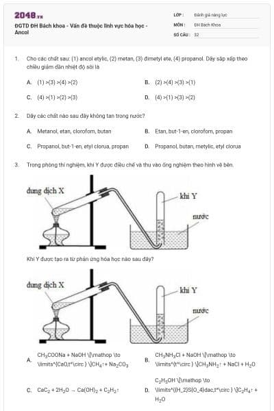 ĐGTD ĐH Bách khoa - Vấn đề thuộc lĩnh vực hóa học - Ancol