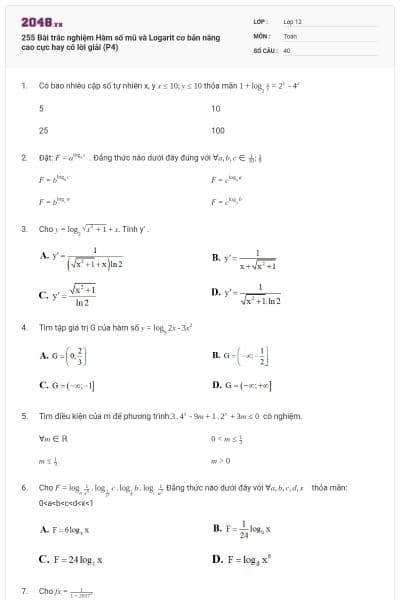 255 Bài trắc nghiệm Hàm số mũ và Logarit cơ bản nâng cao cực hay có lời giải (P4)