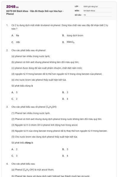 ĐGTD ĐH Bách khoa - Vấn đề thuộc lĩnh vực hóa học - Phenol