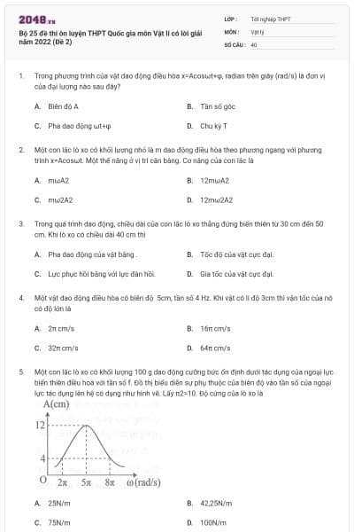Bộ 25 đề thi ôn luyện THPT Quốc gia môn Vật lí có lời giải năm 2022 (Đề 2)