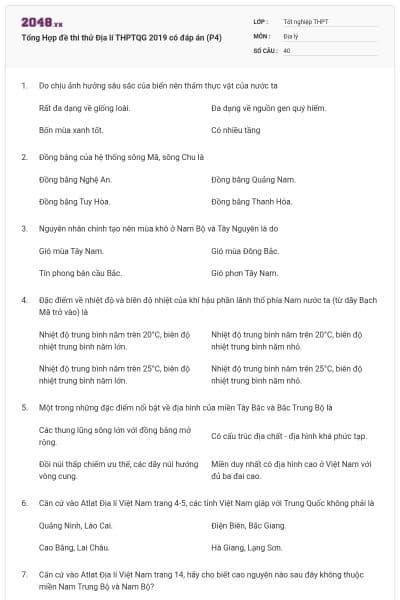 Tổng Hợp đề thi thử Địa lí THPTQG 2019 có đáp án (P4)