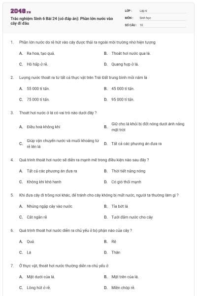 Trắc nghiệm Sinh 6 Bài 24 (có đáp án): Phần lớn nước vào cây đi đâu