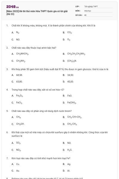 [Năm 2022] Đề thi thử môn Hóa THPT Quốc gia có lời giải (Đề 23)