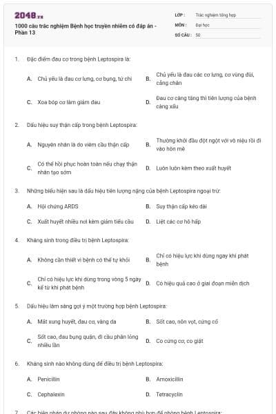 1000 câu trắc nghiệm Bệnh học truyền nhiễm có đáp án - Phần 13