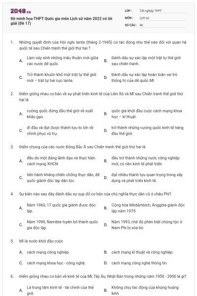 Đề minh họa THPT Quốc gia môn Lịch sử năm 2022 có lời giải (Đề 17)