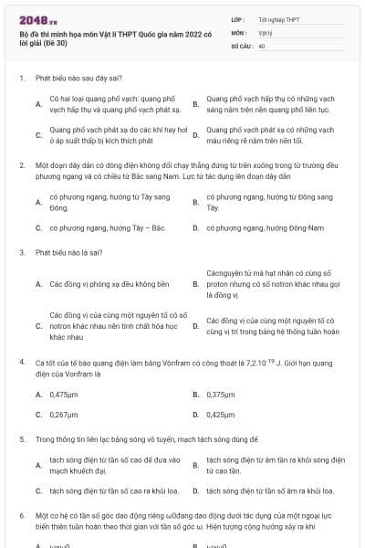 Bộ đề thi minh họa môn Vật lí THPT Quốc gia năm 2022 có lời giải (Đề 30)